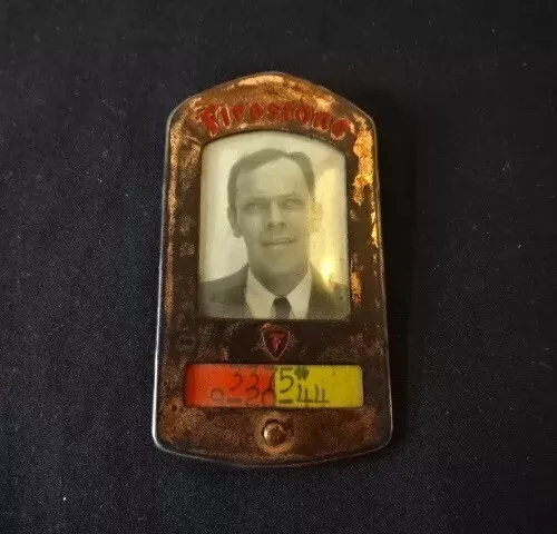 Old Vtg Metal Firestone Tire Co. 9-20-44  Employee Man Photo Badge #3375