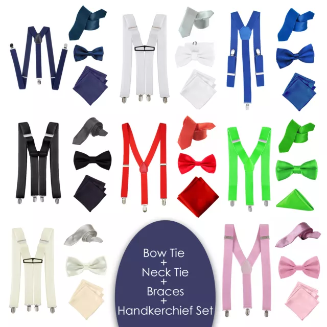 Unisex Mens Braces Bow & Necktie Pocket Square Handkerchief Set Party Formal