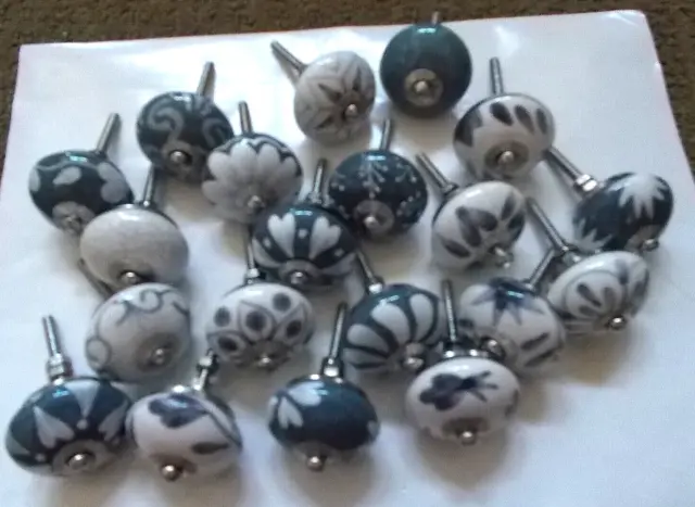 Set 20 Gray White Hand-Painted Ceramic Cabinet Drawer Pulls Knobs