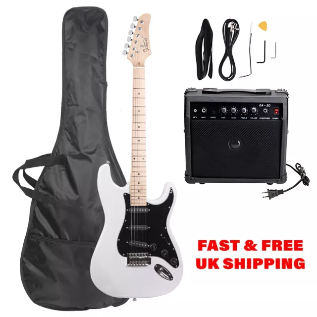 Full Size 4/4 White Electric Guitar Starter Kit Set, 20W Amplifier + Accessories