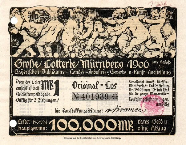 Lotterie-Los Nürnberg,Jubiläums-Landes-Industrie-Gewerbe-Kunst-Ausstellung, 1906