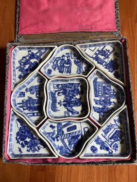 Chinese Blue & white Porcelain 9pc Divided Serving Trays