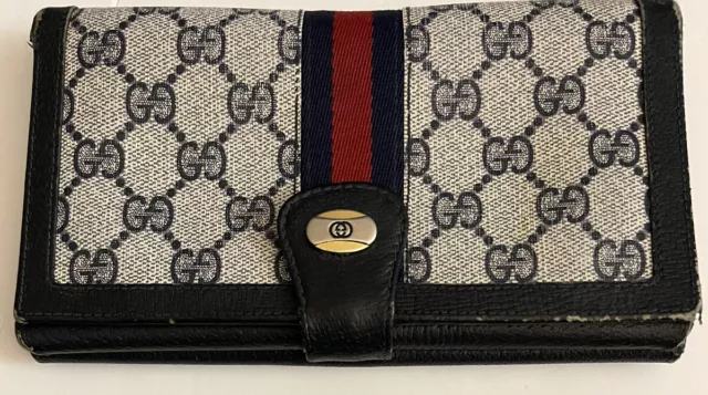 Vintage Gucci Navy Monogram Leather Trifold Wallet Acc. CollectionRARE 60-70’s