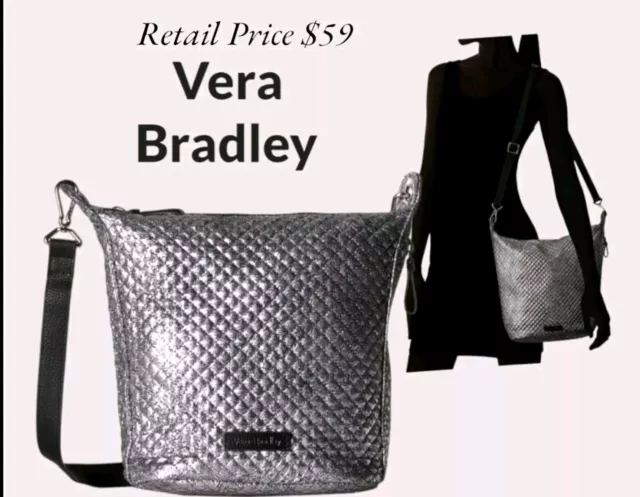 New Vera Bradley Carson Crossbody Tote Hobo Bag Quilted Black & Silver Metallic