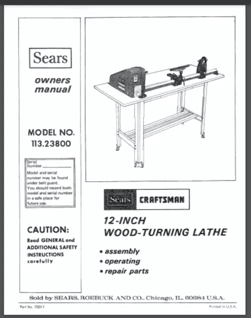 Craftsman lathe 113.23800 Owners manual 24 pages Comb bound gloss cover