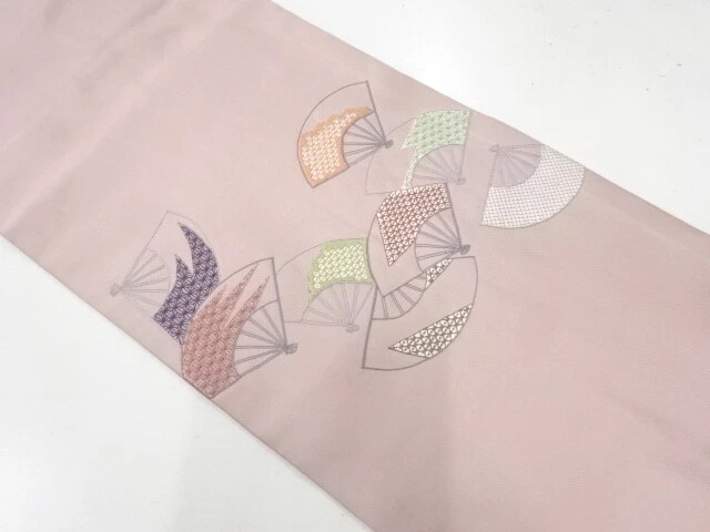 45836# Japanese Kimono / Nagoya Obi / Embroidery / Folding Fan Pattern