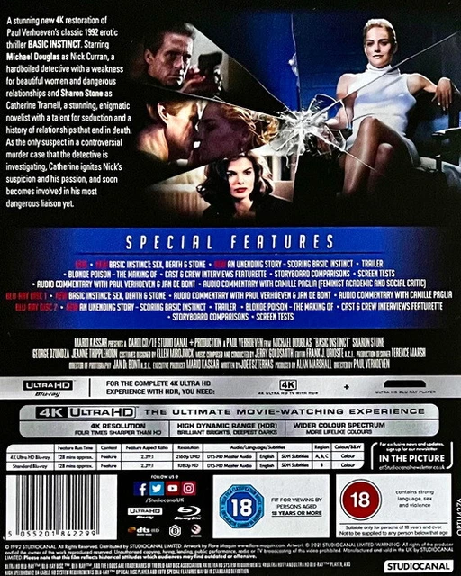 Basic Instinct 4K Ultra Hd Blu-Ray 3 Disc 1992 Michael Douglas Sharon ...