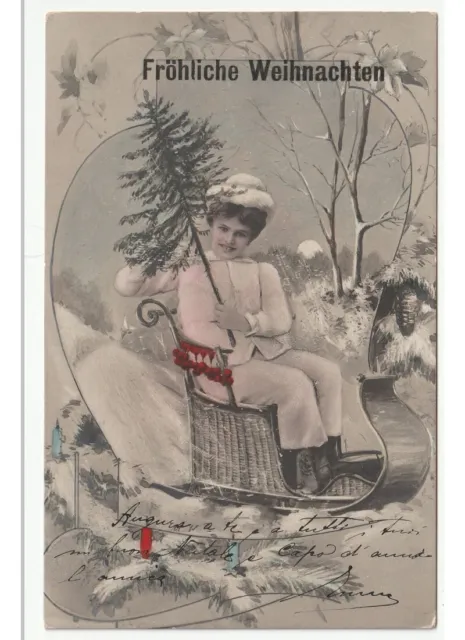 1907 antica cartolina Primi '900 bambina slitta abete di Natale Weihnachten