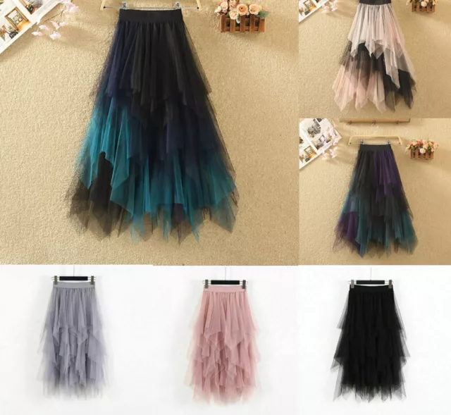 Women Elastic High Waist Mesh Tulle Tutu Skirt Layered Pleated Long Maxi Dress H