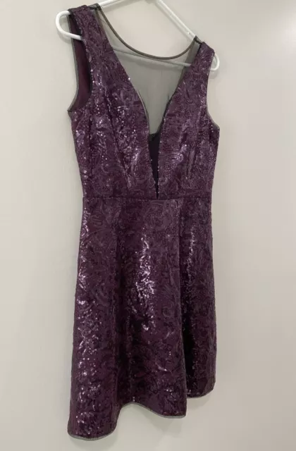 Bcbgmaxazria Selina Sequined Mesh Inset Fit Flare Deep V-neck Purple Dress Sz. 4 3