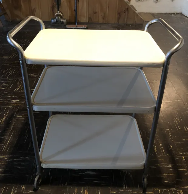 Vintage Mid Century Modern White Cosco Rolling 3 Tier Kitchen Utility / Bar Cart