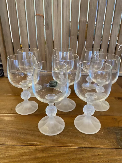 Set Of 8 Borocryatal Bohemian Crystal Wine Glasses With Frosted Stems