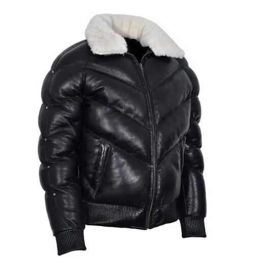 Mens Bubble V Bomber Sheepskin Leather Jacket With Fox Fur Collar