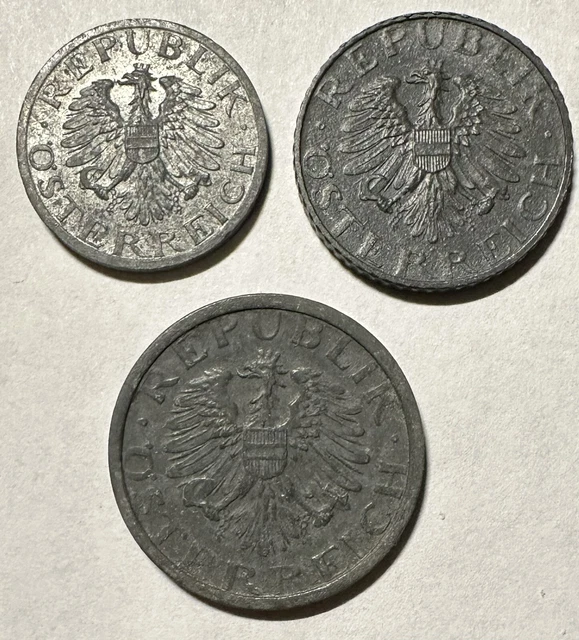 Austria Lot of 3 1947-1964 1, 5, 10 Groschen, Zinc Wartime Composition