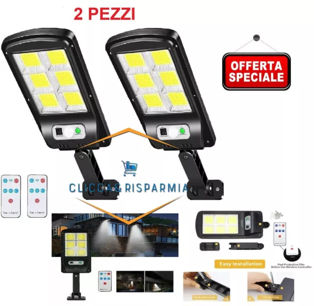 2 X Faro Lampione Stradale Con Pannello Solare Fotovoltaico Sensore Cob 160 Led