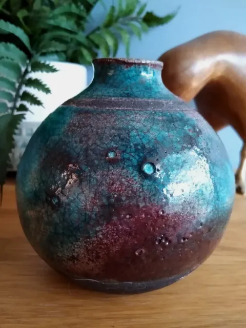 Raku Fired Pottery Jar Vase Turquoise Raku Moon Pot Globe Studio Art
