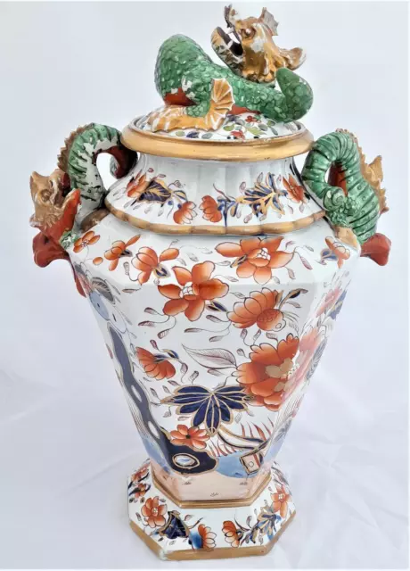 Antique Masons Ironstone Alcove Vase Japan Fence Pattern Dragon Handle 1815 54cm 2