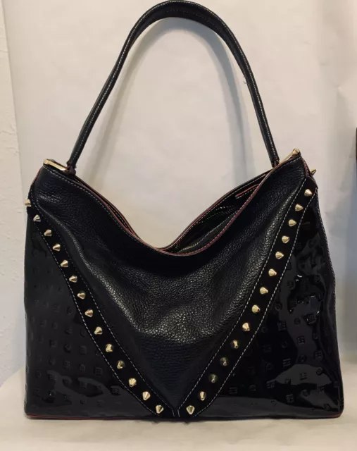 NWOT Arcadia Italian Black Leather Patent Studs Shoulder Bag Purse Handbag ASIS