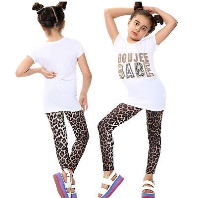 Kids Girls Top Boujee Babe Print White T Shirt Tee & Trendy Leopard Legging 7-13