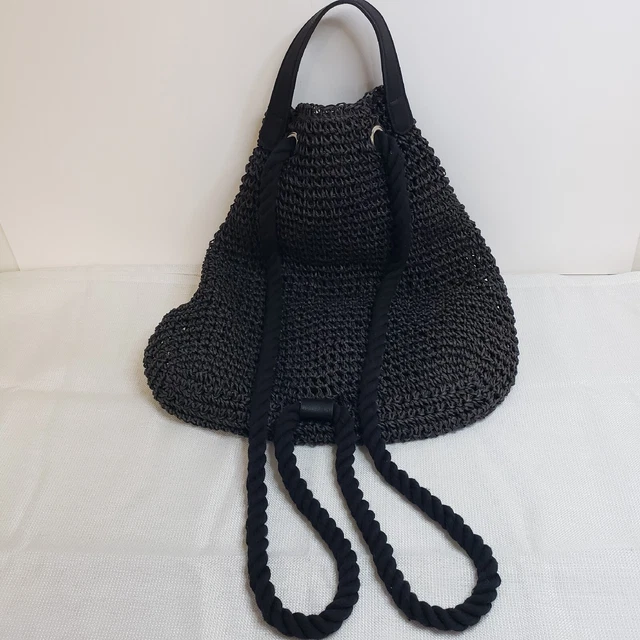 Sac à dos sac à dos en paille tissée noire Raffia, fermeture corde douce hippie boho plage 3