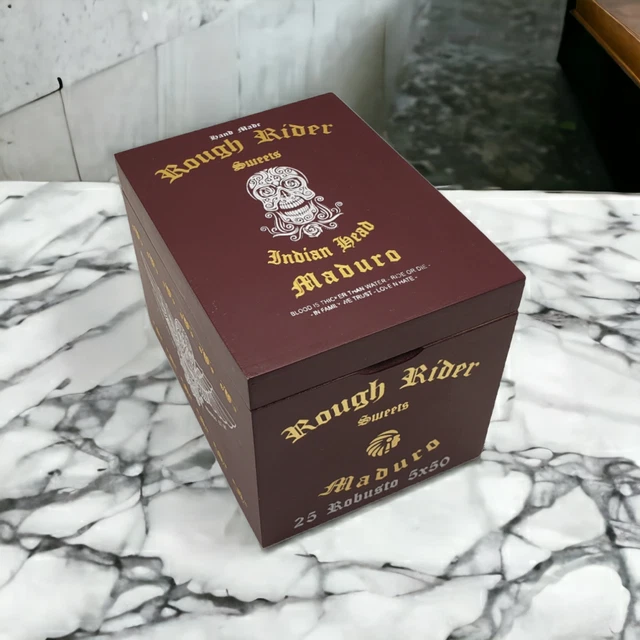 Wooden Cigar Box Skull Head Rough Rider Maduro Robusto Empty  5.5 x 4.5 x 4.25"