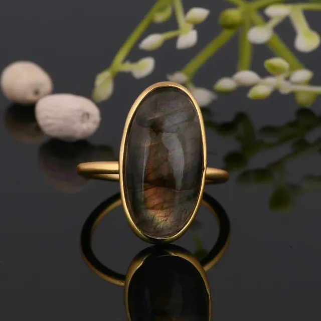 Large Stone Labradorite Statement Ring 925 Silver Gold Plated Rings Jewelry
