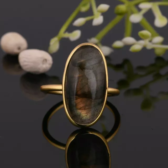 Large Stone Labradorite Statement Ring 925 Silver Gold Plated Rings Jewelry