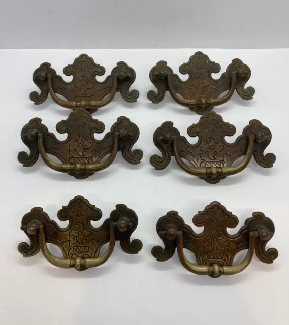 Victorian Engraved Heavy Bronze Brass set of 6 Drawer Pulls 2 Different Sizes