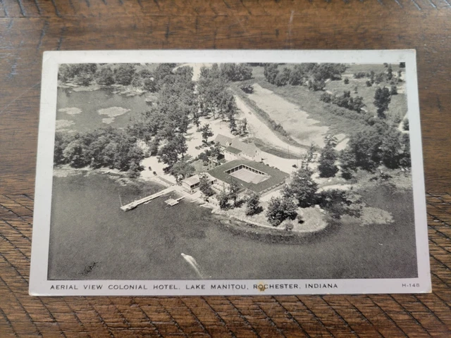 Postcard IN Indiana Rochester Colonial Hotel Lake Manitou Aerial View