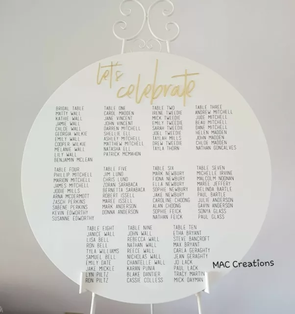 Acrylic Wedding Seating Chart Sign - Round Perspex, Custom, personalised