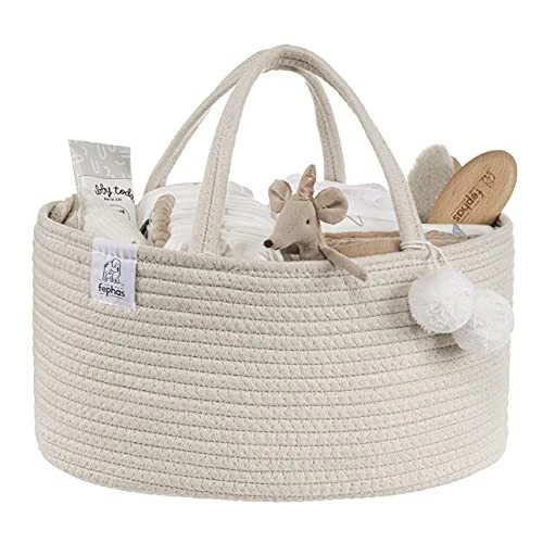 Baby Diaper Caddy Organizer- Off White Rope Nursery Storage Bin- Porta...