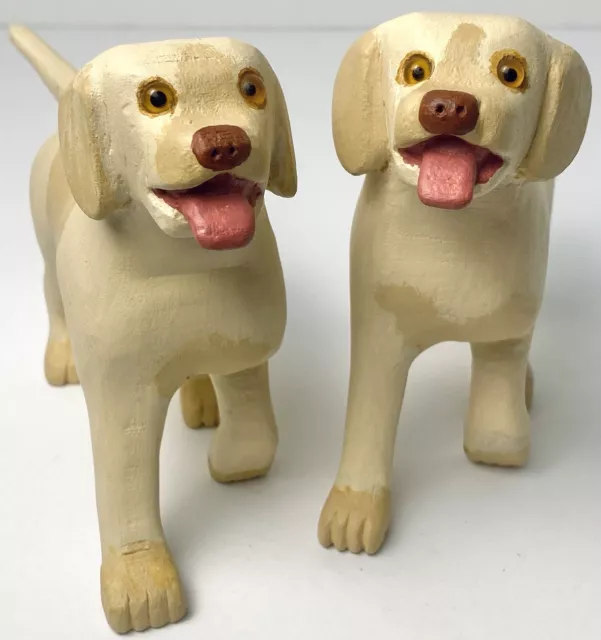 Hand Carved Wood Dog Yellow Lab Folk Art Labrador Retriever Pair Signed BROWN