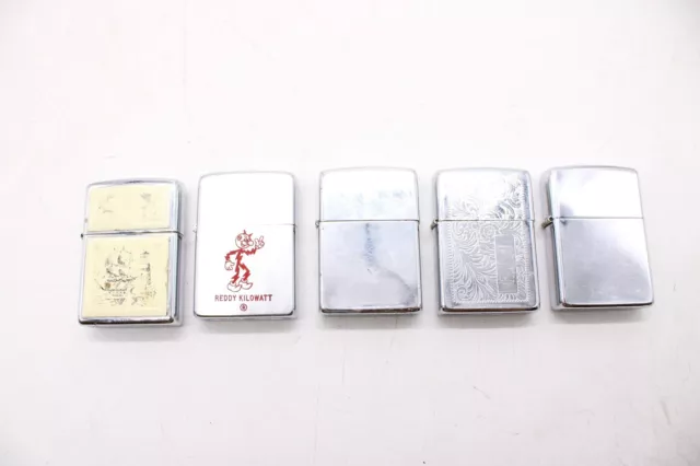 F x5 Vintage Zippo Cigarette Lighters Inc. Chrome, Patterned, Reddy Kilowatt etc