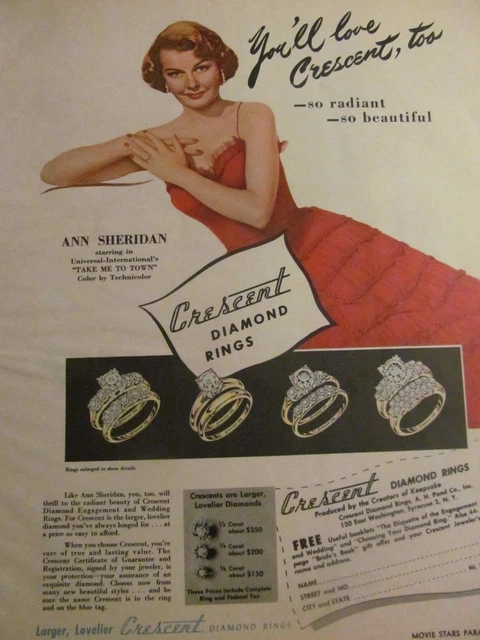 Ann Sheridan, Crescent Diamond Rings, Full Page Vintage Print Ad