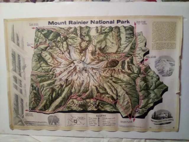 vintage 1955 Mt. Rainier Washington map and more. 2 sided 26x22"