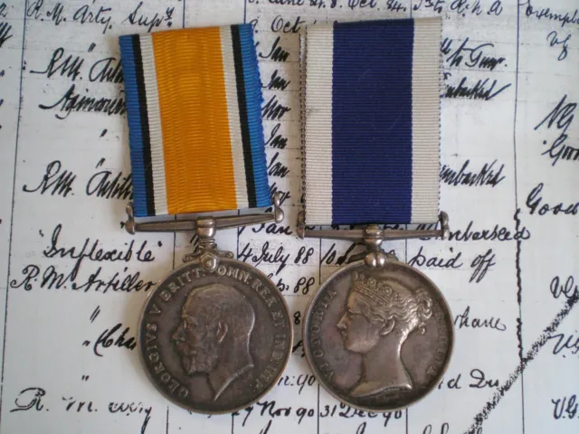 WW1 Medal & Victorian RN Long Service Medal to BOURNER, Royal Marine Artillery