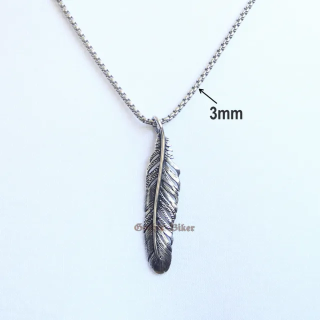 Women's Men's Vintage Silver 316L Stainless Steel Feather Necklace Chain Pendant