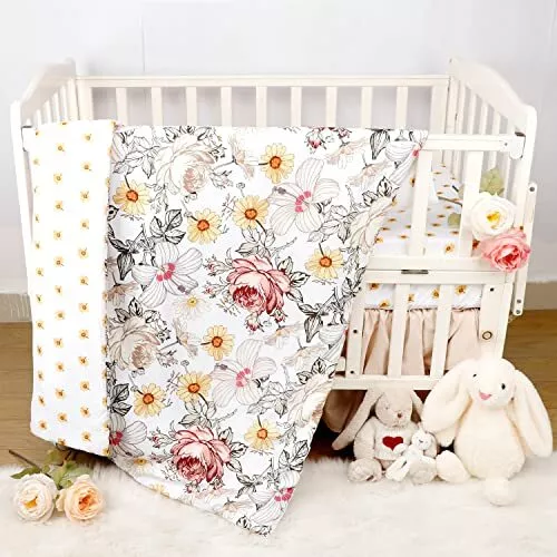 4-Piece Crib Bedding Set, Baby Girl Bedding Crib Set, Flower Crib Skirt, Floral