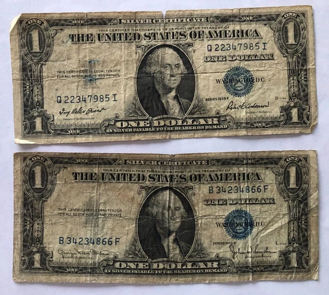LOT of 6 Circulated Silver Certificate $1 - 1935F 1935D 2x1957B 1957 1957A