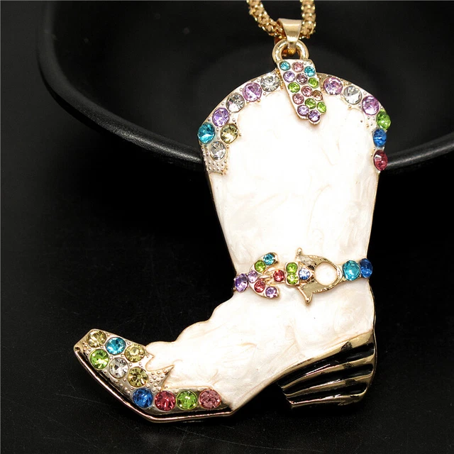 Fashion Women Rhinestone Cute White Enamel Boots CrystalPendant Chain Necklace