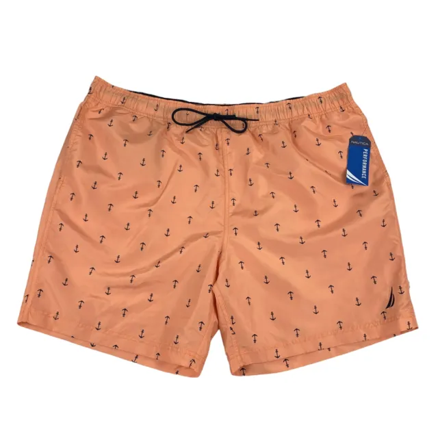 Nautica Mens Anchor Patterned Mesh-Lined Swim Trunks Peach Orange 2XL