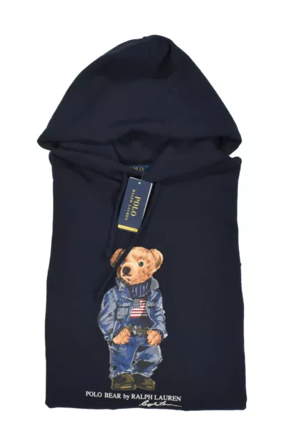 Polo Ralph Lauren Navy Bandiera Americana Jeans Orso Felpa con Cappuccio Nuovo