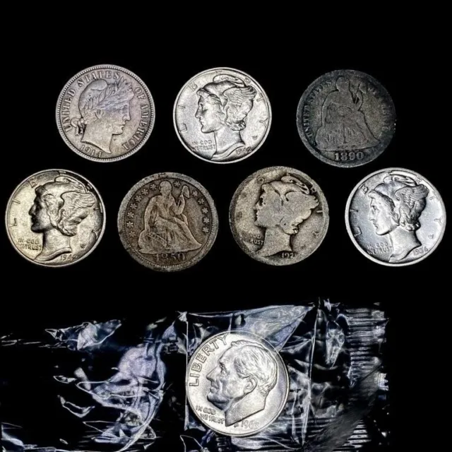 [8] Varied US Dime Coins (1850, 1890, 1914, 1921,
