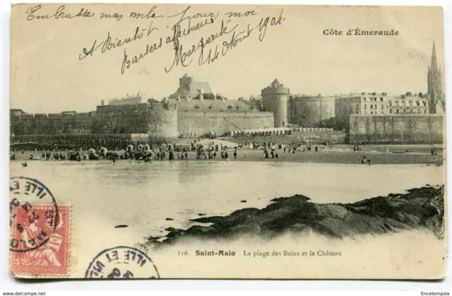 CPA - Carte postale- France -Saint Malo -La Plage des Bains et le Château - 1904