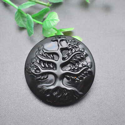 Natural Black Obsidian Carved Tree of Life Stone Pendant Energy Jewelry
