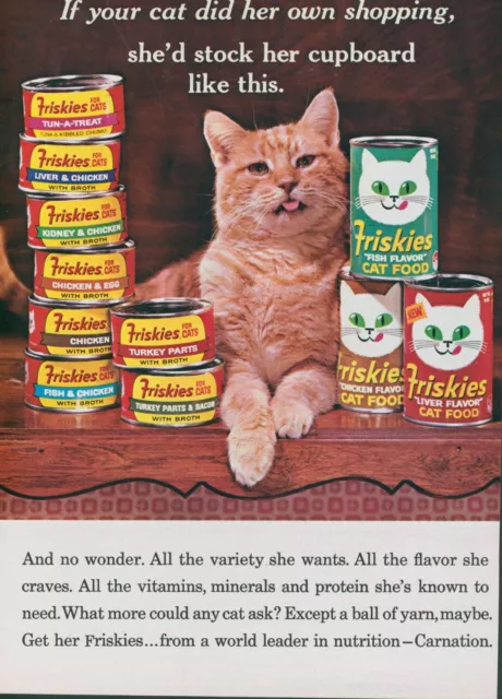 1965 Friskies Cat Food Orange Cat Carnation Cans Chicken Vintage Print Ad GH2