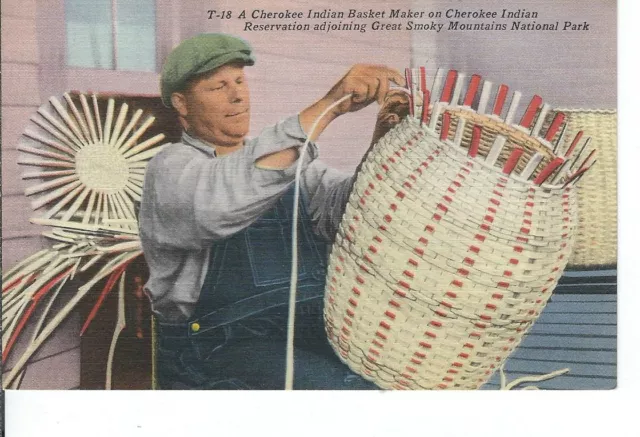 CH-012 Cherokee Indian Basket Maker on Cherokee Reservation, Linen Postcard
