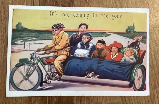 VINTAGE Christmas Postcard ART COMIC “We Are Coming To See You! Motorcycle 1923