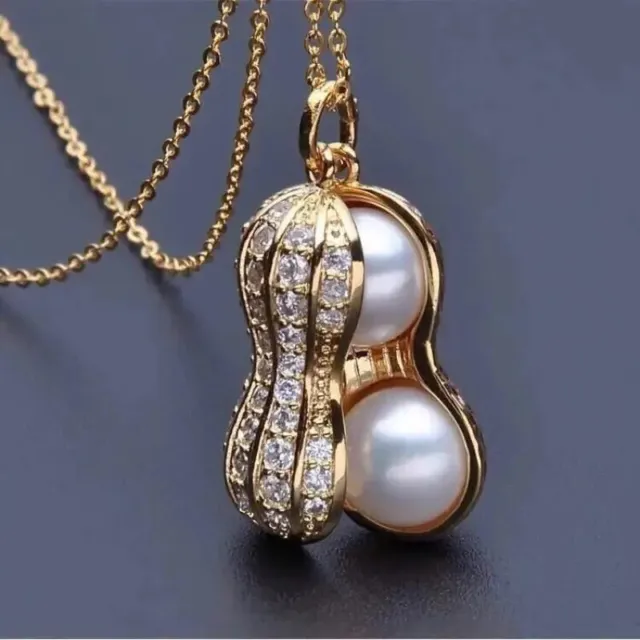 Pearl with Diamond 14K Yellow Gold Over Peanut Design Pendant 18" Chain Necklace