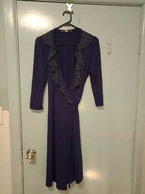 Review wrap around dress with navy with white spots frill neckline in size 12